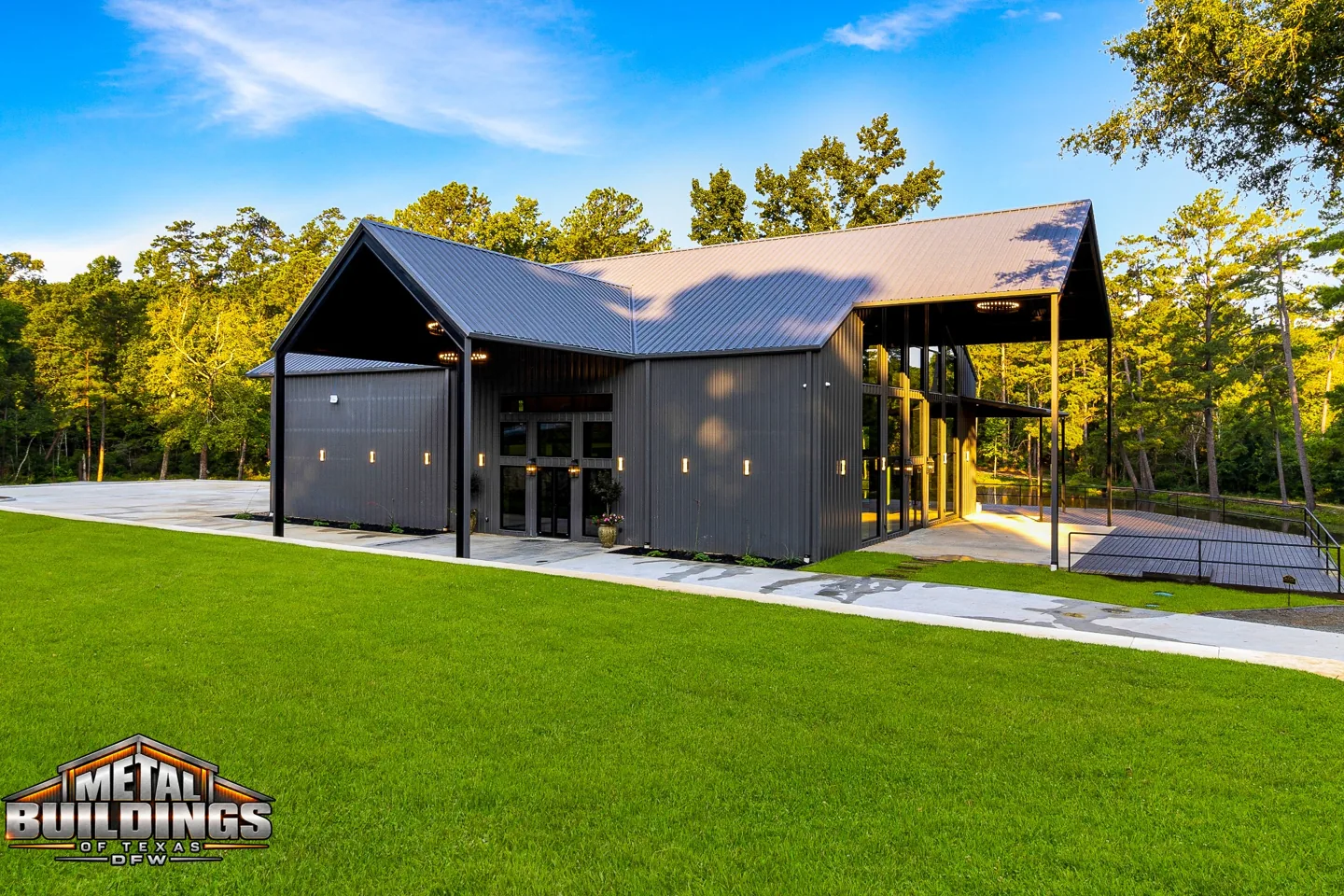 Wedding venue exterior beside lawn and trees — Metal Buildings of Texas