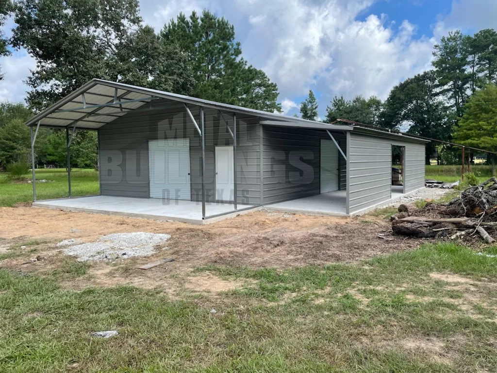 Metal building with an enclosed bay and covered exterior space