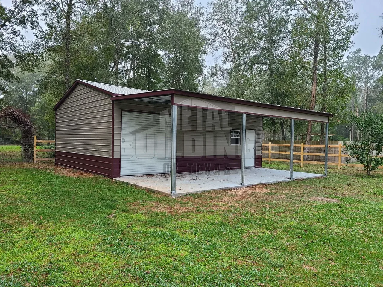 Small enclosed metal building with an overhead door and covered front workspace